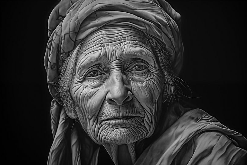 Portrait of an old woman with black background, black and white photography by Animaflora PicsStock