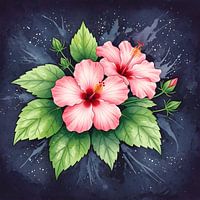 Elegant watercolor hibiscus flowers with lush green leaves on a dark dreamy background creating a vibrant tropical feel