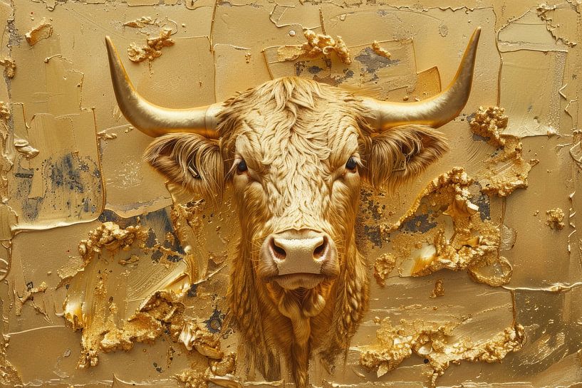 Golden Majesty - Elegant Bull Portrait in Luxury Art by Eva Lee