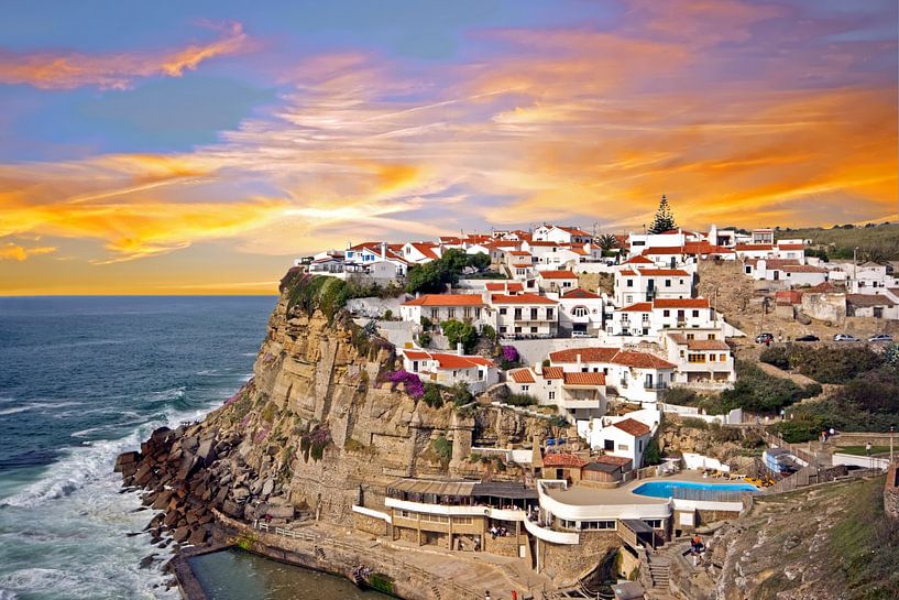 Traditional Portuguese village on a cliff Azenhas de Mar at sunset by Eye on You