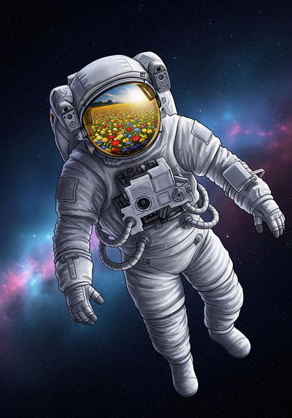 Astronaute avec réflexion sur un champ de fleurs dans l'espace par Markus Gann