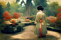 Japanese geisha in Japanese garden.