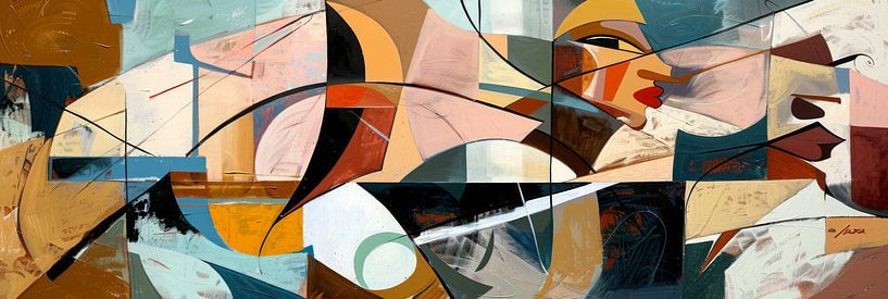 Kubistisch portret van een vrouw in warme aardetinten van Poster Art Shop