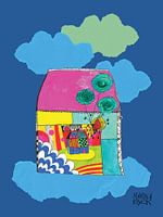 une maison dans les nuages, art joyeux et coloré