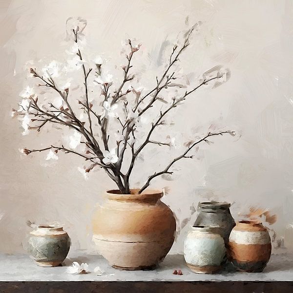 Ein Stillleben Wabi-Sabi-Blütenzweig mit Tontöpfen. von J.a Dijkstra