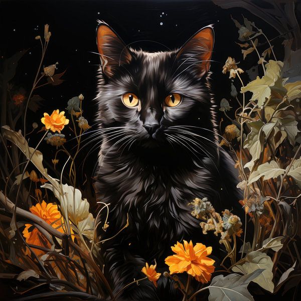 Black Cat and Flowers inspired by Vincent van Gogh von Erika Kaisersot