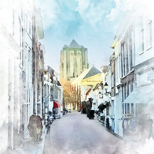 Aquarell der Stadtlandschaft Zierikzee, Schouwen-Duiveland, Zeeland von Danny de Klerk