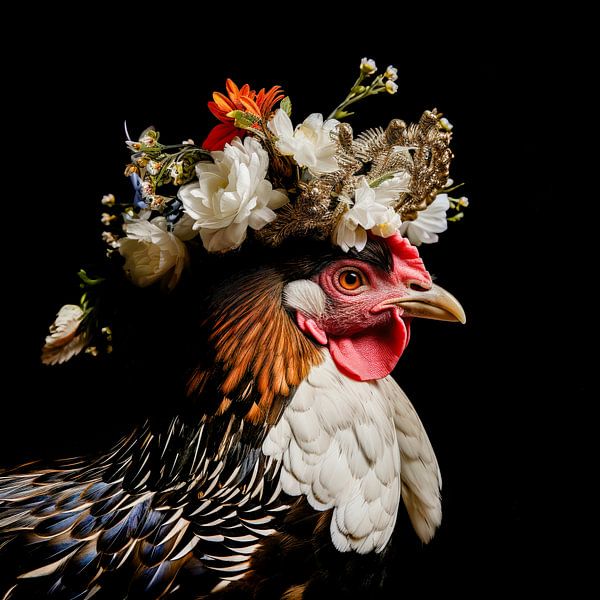 Majestätisches Huhn mit Blumenkrone von Klaus Tesching - Art-AI