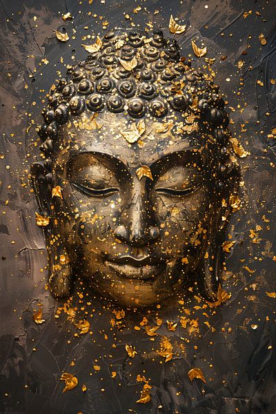 Golden Buddha face surrounded by falling leaves by Art & Soul Creations