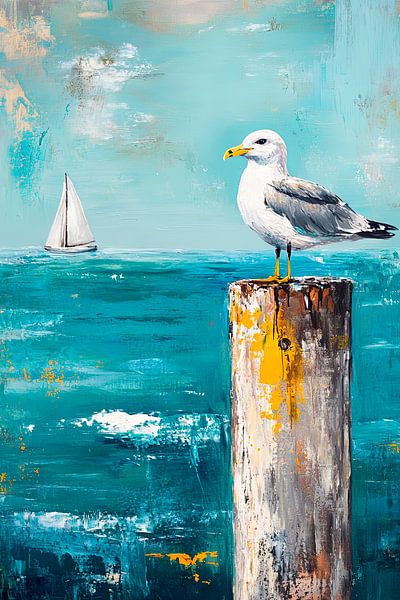 Zeemeeuw in de haven met zeilboot van Poster Art Shop