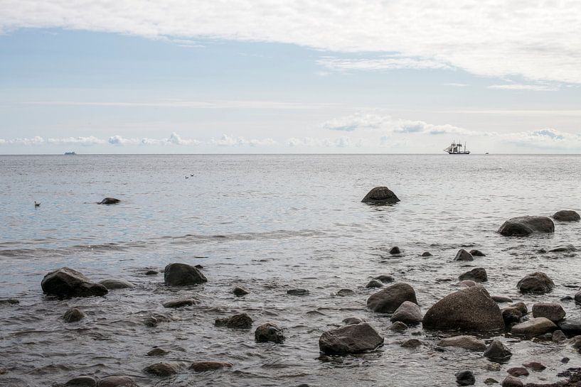 sea view with a three-master in the distance by Hanneke Luit