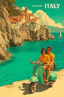 Retro reisposter Italië met scooter aan zee