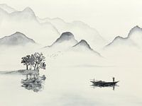 Frühmorgens raus zum Fischen (Schwarz-Weiß-Aquarellmalerei Landschaft Boot Meer Asien)