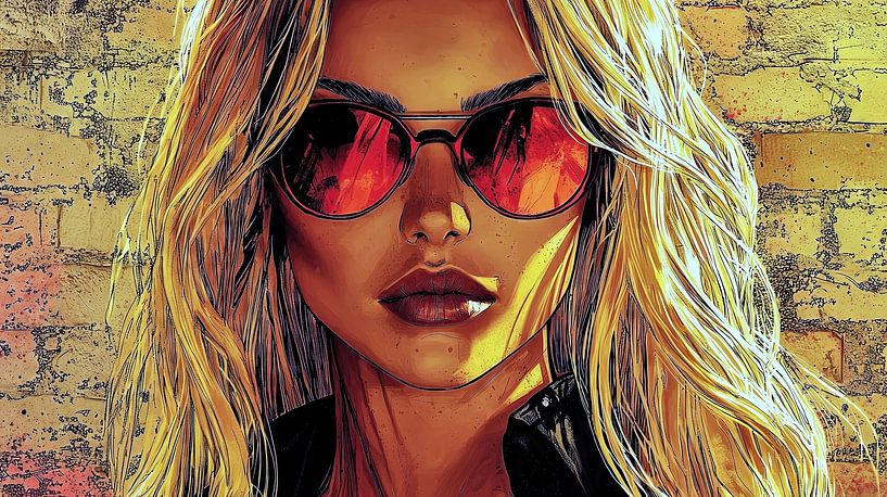 Femme blonde devant un mur de briques par Frank Heinz