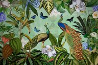 Mystischer Regenwald Dschungel mit farbenprächtigen Pfaun