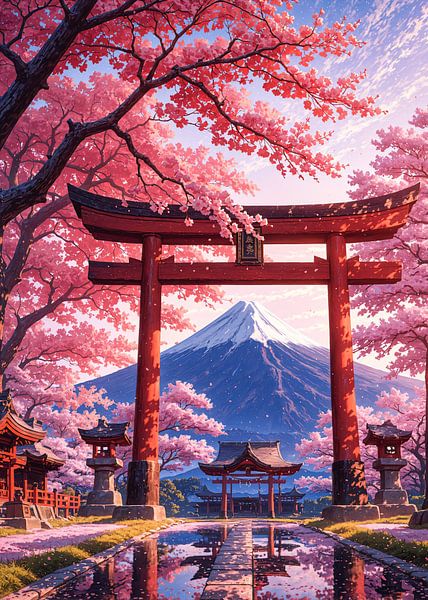 Japanese Torii Gate Mount Fuji Spring Cherry Blossom Sakura by Ruzerin