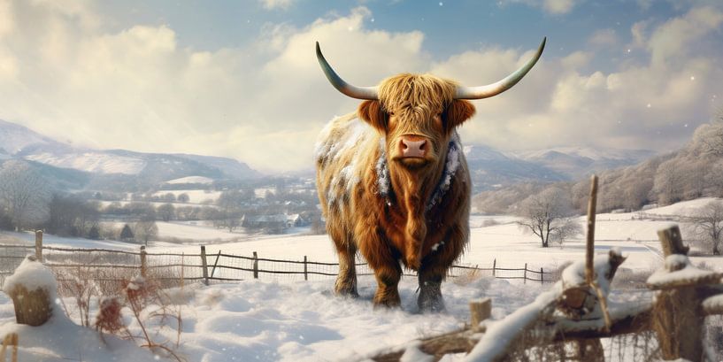 Highlander écossais dans les montagnes enneigées par Vlindertuin-Art