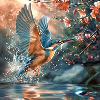 Eisvogel umgeben von Blüten und Wassertropfen