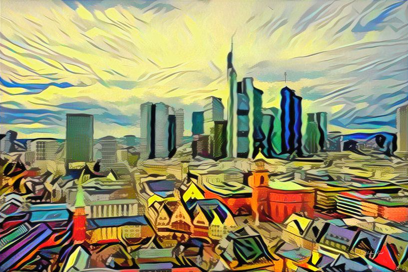 Colourful artwork Frankfurt: Frankfurt skyline with half-timbered houses by Slimme Kunst.nl