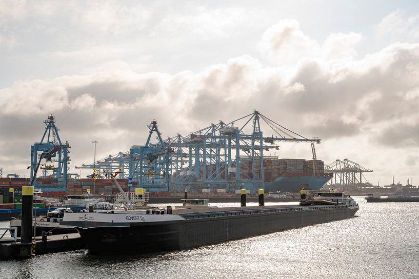 Schiffscontainerterminal im Hafen von Rotterdam mit einem Lastkahn im Vordergrund von Sjoerd van der Wal Fotografie