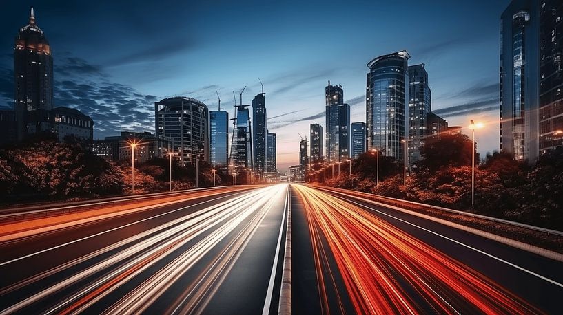 Car lights, light trails on the motorway at night with skyline in the background by Animaflora PicsStock