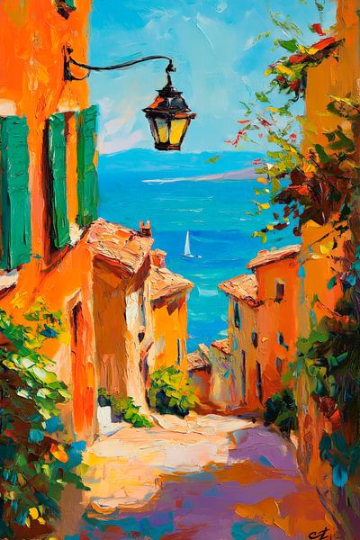 Ruelle colorée avec vue sur la mer et lanterne par Poster Art Shop