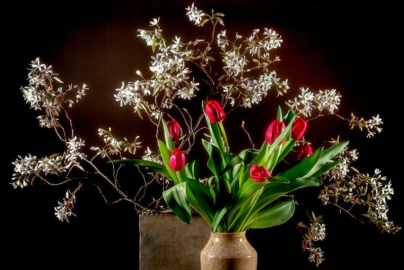 still life with tulips and blossom by Hanneke Luit