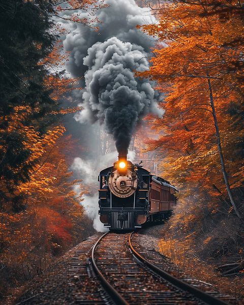 Historic train in the autumn forest by fernlichtsicht