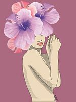 Hibiscus Disruption - Art mural féminin, dessin moderne avec tête florale rose, impression numérique pour intérieurs audacieux,