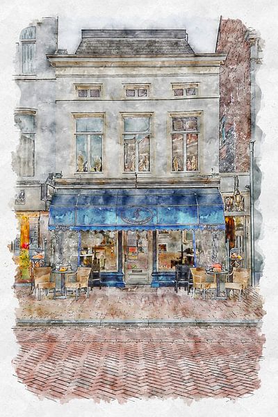 Cafe &quot;De Drie Weesgegroetjes&quot; in Roosendaal (watercolor) by Art by Jeronimo