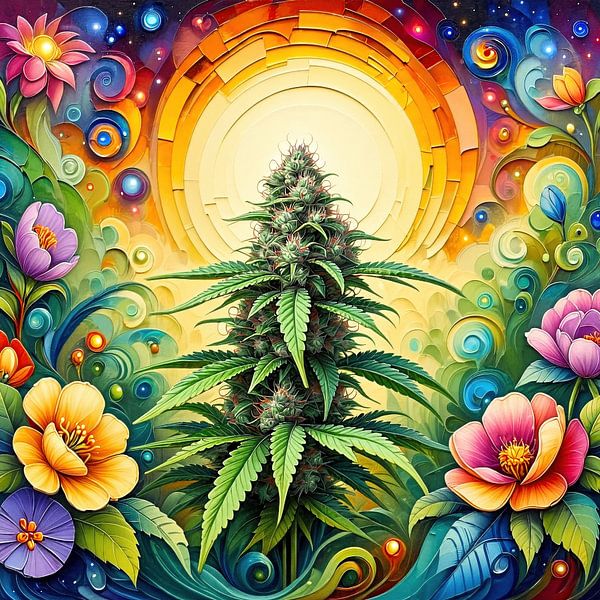 Le cannabis à la lumière de la floraison - Un hommage coloré à la plante de cannabis, symbole d'élévation naturelle, de force vitale et de transformation (2 de 3) par AidasignArt