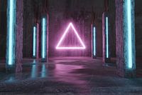 3d rendering of magenta lighten triangle shape next by blue conc