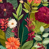 Tropical Botanical Flowers - Colourful Nature Art on Dark Background