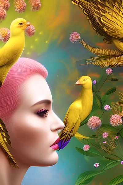 Garden of Eden I - Gold Birds Singing - surreal digital illustration by Lily van Riemsdijk - Art Prints with Color