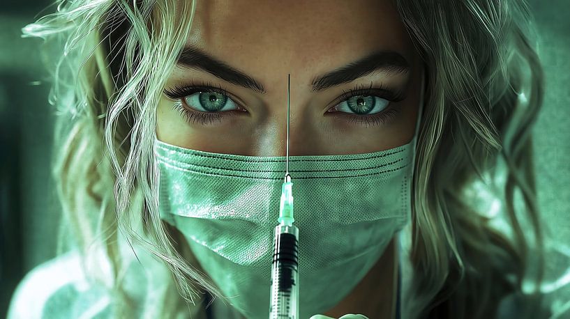 Young doctor with syringe and protective mask by Frank Heinz