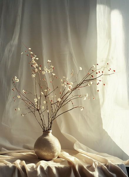 Beige vase with branches in sunlight by Kaiori Oldenburg