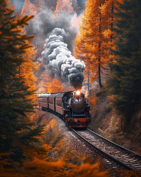 Historic train in the autumn forest by fernlichtsicht