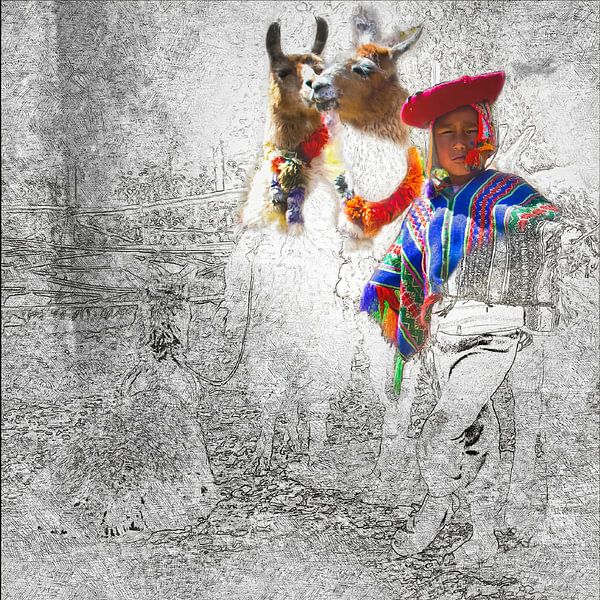 Jongen met 2 lama's in Peru, gemengde techniek van Rietje Bulthuis
