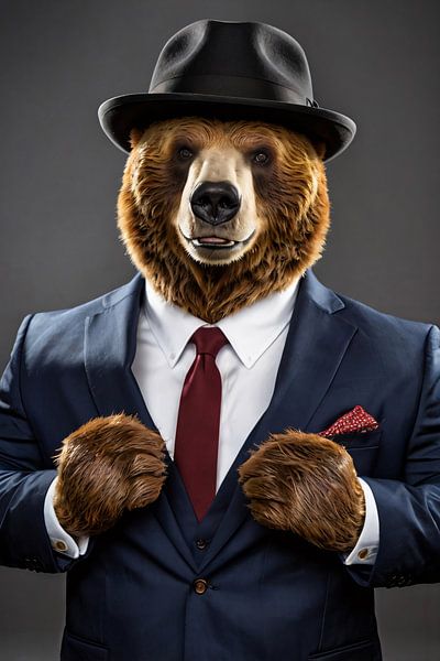 Bär mit modischem Anzug und Hut von Art & Soul Creations