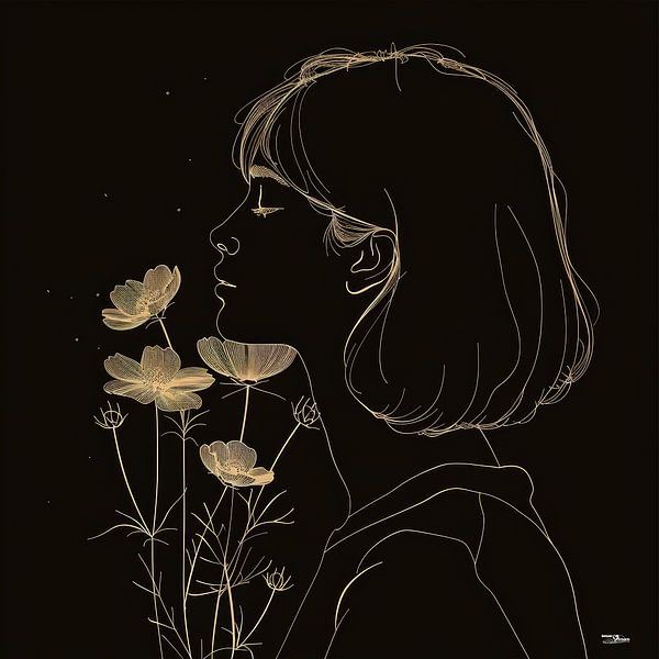 line drawing of a woman with a flower by Gelissen Artworks