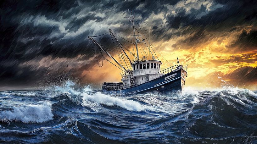 Fishing boat sails through stormy waves by Frank Heinz