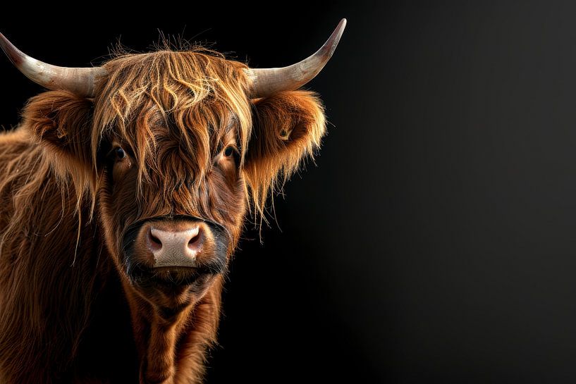 Schottische Highlander in tiefen kontrastierenden Lichtern und Schatten von Digitale Schilderijen