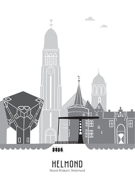 Skyline Illustration Stadt Helmond schwarz-weiß-grau von Mevrouw Emmer