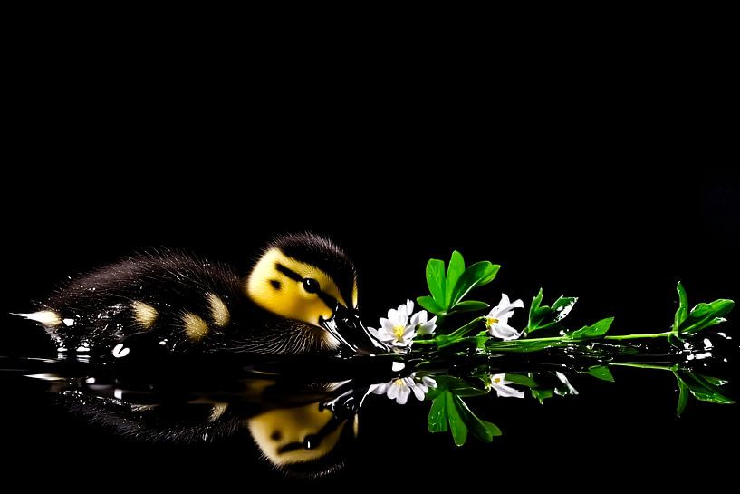 Entenküken mit Blumen im Wasser von Art & Soul Creations