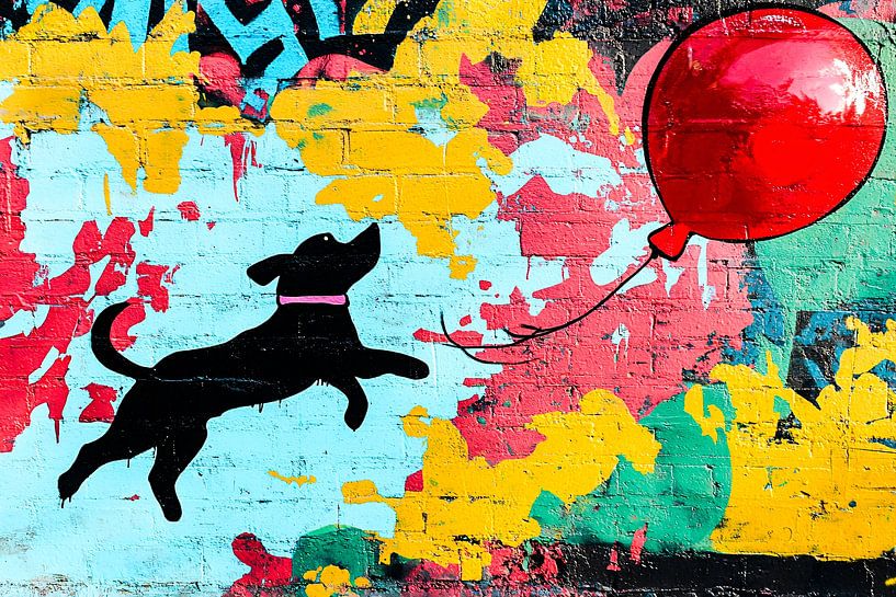 Playful dog and red balloon by Art & Soul Creations