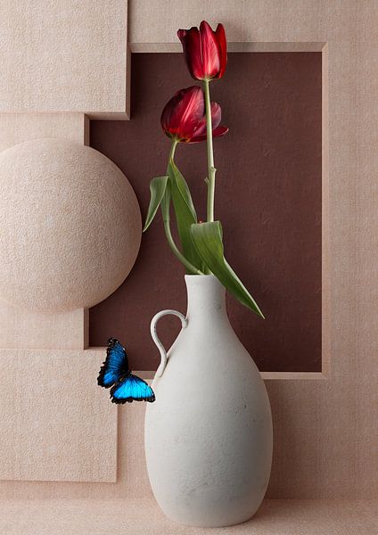 Tulpen in weißer Vase Stillleben von Sander van Laar