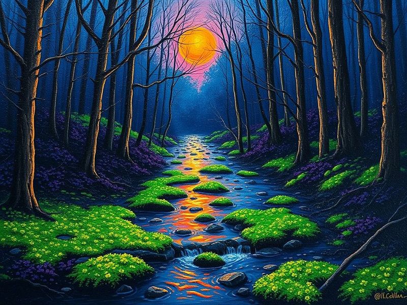 Mondbeschienene Gelassenheit: Ein mystischer Waldbach in goldenen Farben der Dämmerung getaucht von Artistic