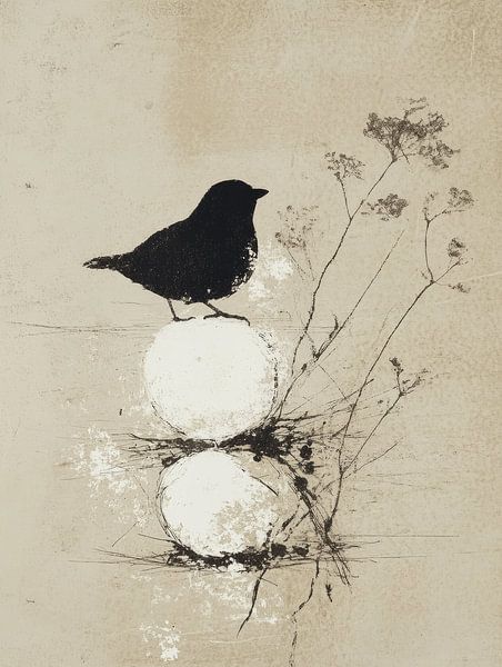 Nature morte avec oiseau, style Japandi par Japandi Art Studio