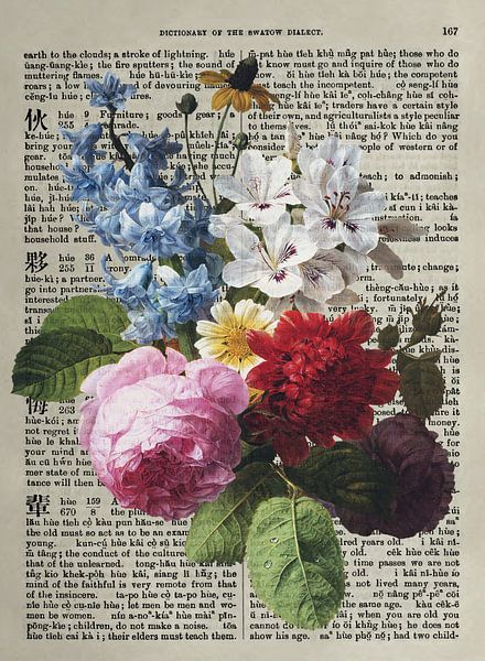 Ancien bouquet de fleurs peint sur un vieux dictionnaire par Roger VDB