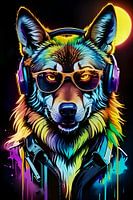 Wolf in glasses and headphones, listening to music, neon art